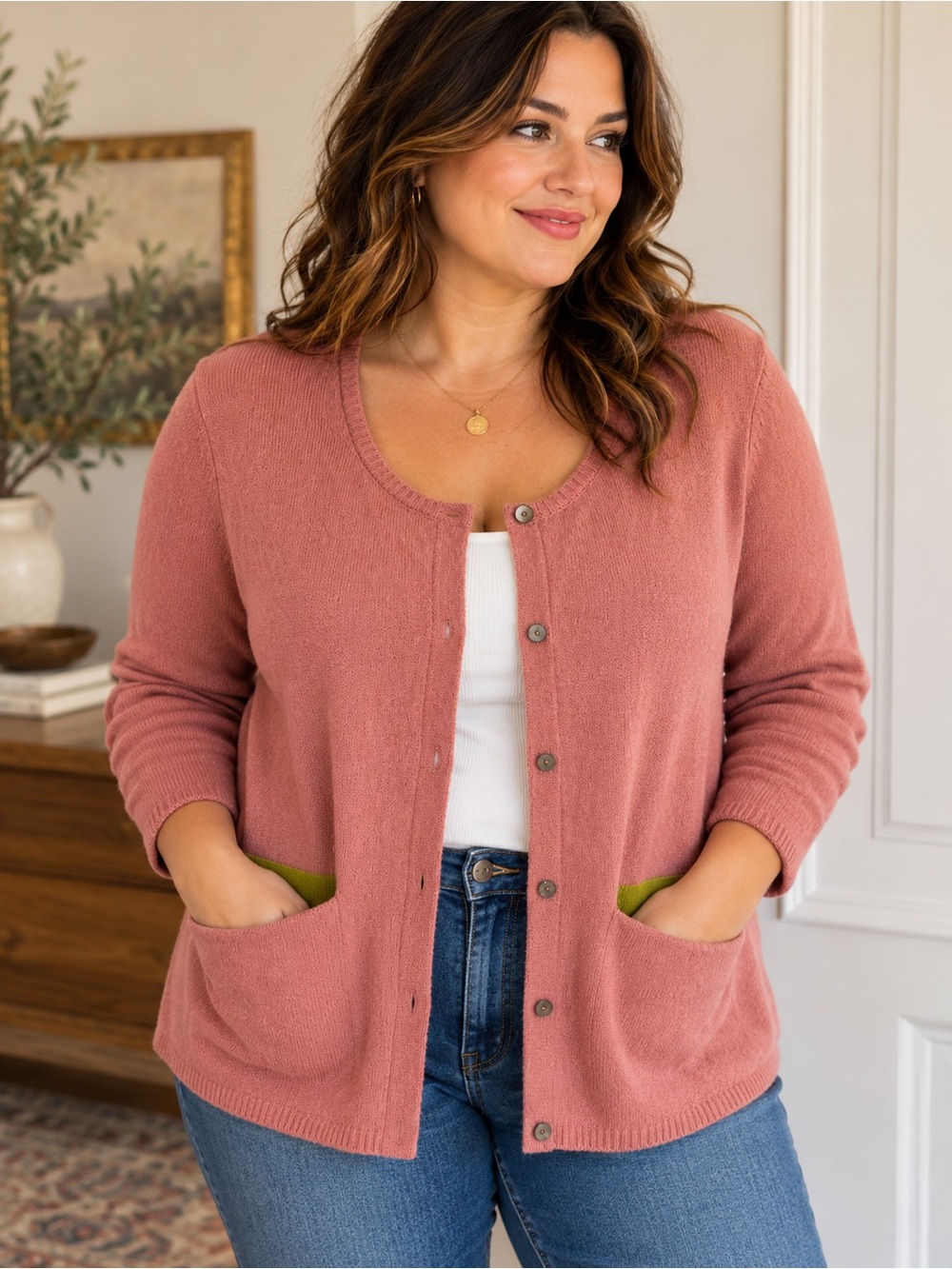 Gudrun Sjöden 100% Wool Pink Cardigan M Lagenlook Contrast Pockets